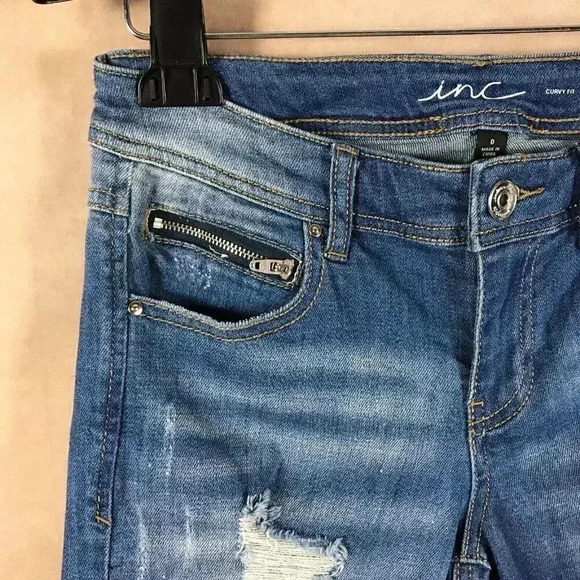 INC Cotton Curvy Distressed Shimmer Jean Bermuda Shorts - Picture 2 of 5